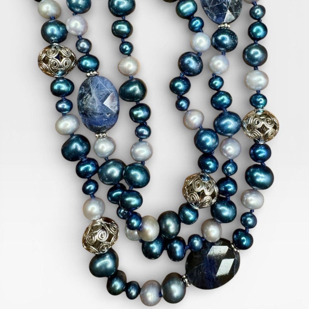 LUCAS LAMETH Sterling Triple-Strand Faceted Sodalite & Cultured Pearl Necklace - Picture 7 of 12